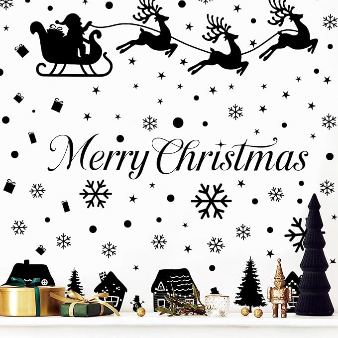 Merry Christmas Wall Decals, Black Santa Reindeer and Snowflake Window Clings, Removable Vinyl Wall Stickers for Holiday Party Bedroom Living Room Offices Home Decoration
