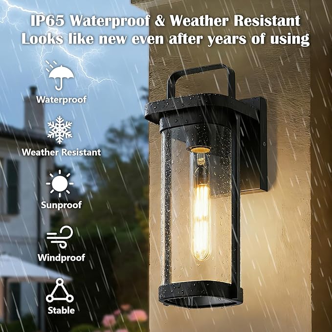 LETRY 2-Pack Outdoor Wall Lights, Porch Lights, Waterproof Outdoor Wall Sconce Lanterns, Exterior Lighting Fixtures Matte Black with Clear Glass Shade for House Patio Garage Doorway Entryway