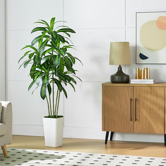 Artificial Dracaena Tree-6FT Tall Fake Plants with White Tall Planter-Artificial Plants Indoor Floor Plant in Pot-Large Tropical Fake Yucca Potted Tree for Home Office Living Room Decor