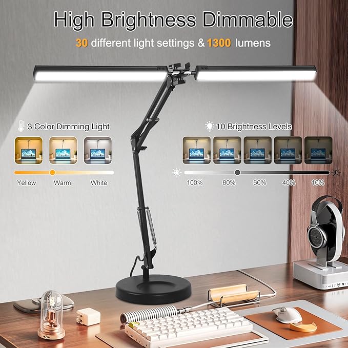 2-in-1 LED Desk Lamp, 24W Brightestwith Table Lamp with Clamp, Desk Light with Flexible Swing Arm,3 Color Modes Stepless Dimmable Double Head Architect Desk Lamps for Home Office Workbench Reading