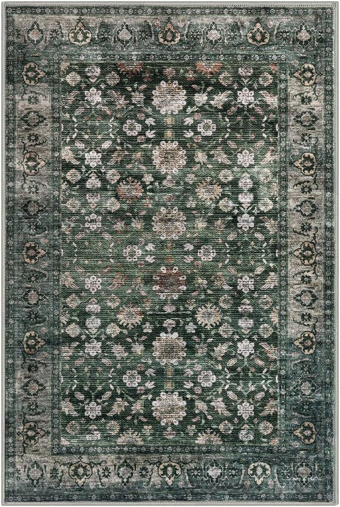 KUTA 5x7 Area Rugs Dark Green, Vintage Washable Rugs for Living Room Ultra Thin Soft Non-Slip Printed Distressed Tribal Traditional Farmhouse Carpet for Bedroom Dining Room Dorm Office Home