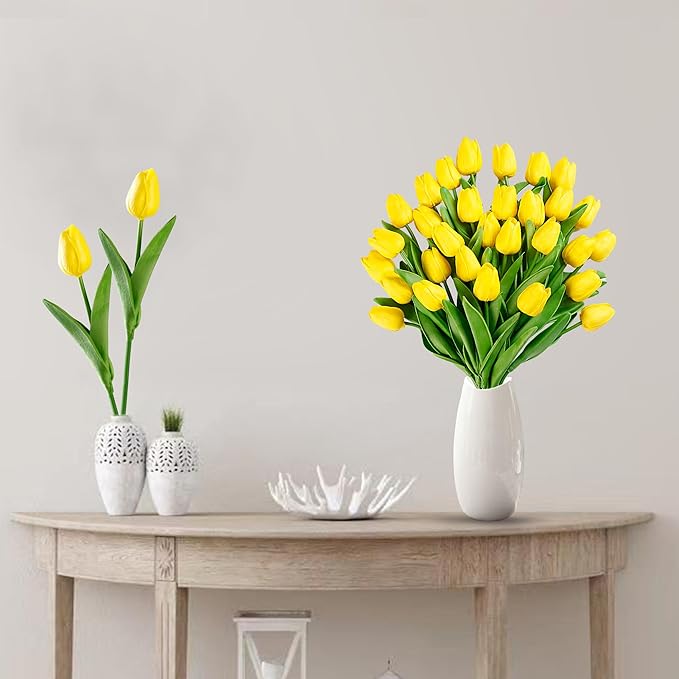 Sggvecsy 30 Pcs Fake Tulips Artificial Flowers Real Touch PU Faux Flowers Tulip Stems for Wedding Spring Bouquet Floral Arrangement Home Party Office Decorations for Mother's Day (Yellow)