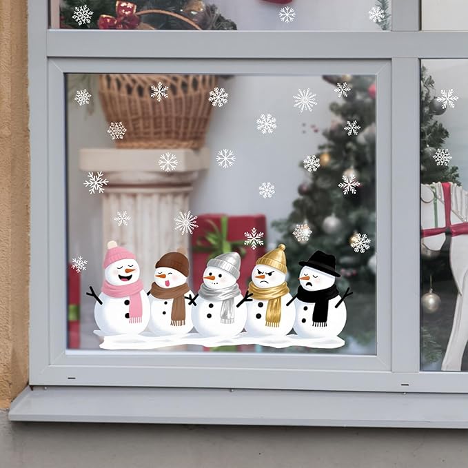 Snowman Wall Decals for Winter | Peel and Stick Christmas Decorations – Removable Holiday Snowflake Wall Stickers for Home, Living Room, Windows, Office, or Seasonal Décor – 5 Snowmen Design