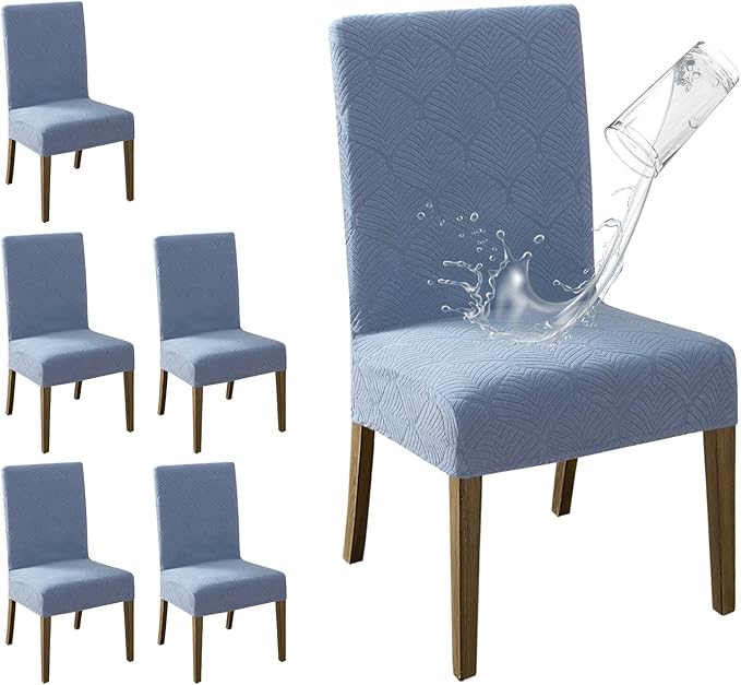 MOSAYT 100% Waterproof Dining Room Chair Covers Set of 6, Super Fit Stretch Jacquard Parson Chairs Slipcovers Removable Washable Chair Seat Protectors for Home, Kitchen, Banquet (Light Blue)