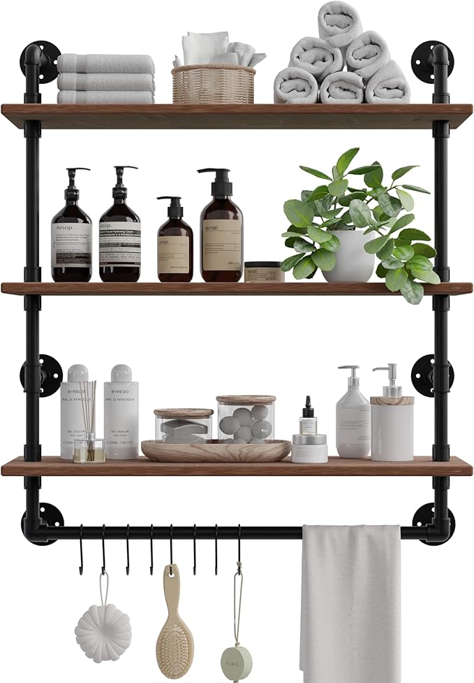 ROGMARS Industrial Pipe Shelving Bathroom Shelves with Towel bar, 24 in Rustic Floating Shelves Pipe Wall Shelf,3 Tier Wall Mounted Shelves with Hook