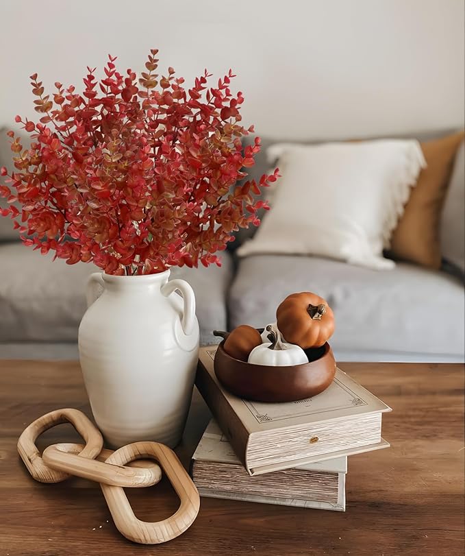 5 Stems Artificial Fall Greenery – 14.6" Eucalyptus Leaf Stems for Autumn Floral Arrangements, Thanksgiving Centerpieces, Fall Decor Bouquets, Burgundy Red
