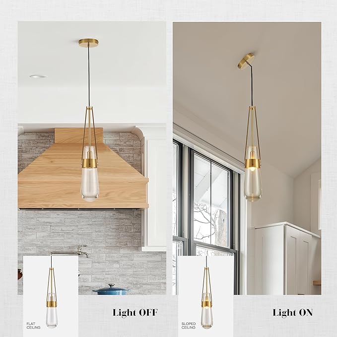 Raindrop Pendant Light Fixtures Set of 2, Brass Glass Pendant Lighting, Teardrops Gold Hanging Light Clear Solid Glass Pendant Light Modern Chandeliers for Dining Room Porch Living Room
