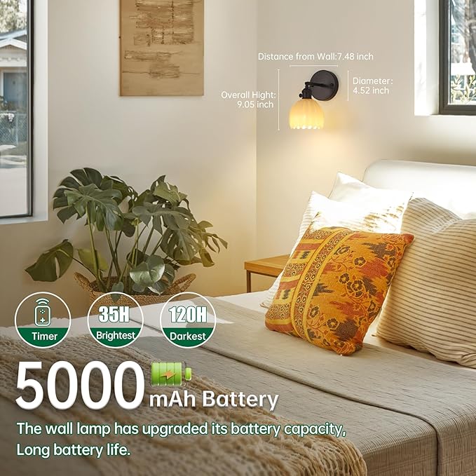 Vintage 5000 mAh Battery Operated Wall Sconce with Pastel Yellow Tulip Glass Lampshade Rechargeable Battery Powered Wall Light with Remote Control for Bedroom Doorway, Set of 2