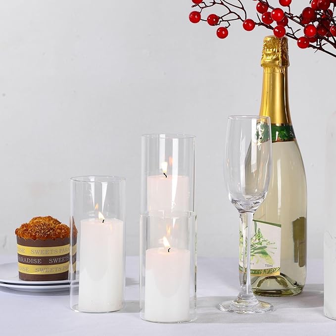 Shihanee 60 Pcs Pillar Candles and Glass Cylinder Vases Clear Cylinder Holders for Slim Pillar Candles Table Decoration (White)