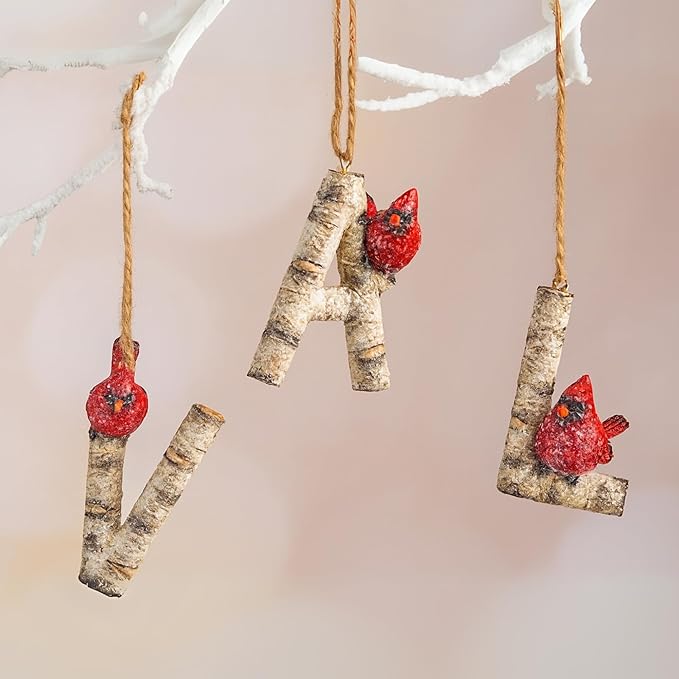 Rustic Cardinal Initial Letter Christmas Ornament – Birch Wood Look Hanging Alphabet Monogram Decoration for Holiday Tree & Winter Home Décor (V)