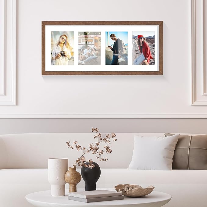 8x20 Oak Wood Picture Frame - 8x20 Photo Frame with Mat Display 4Pcs 4x6 Photos, 4x6 Picture Frame Wood, Natural Solid Wooden Picture Frames for Wall Art Photo and Prints(3 Pack, Walnut)