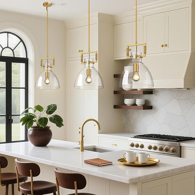 Mondern Large Gold Kitchen Island Pendant Light, 10 '' W 1-Light Glass and Brass Island Pendant Lights,Farmhouses Pendant Light, for Kitchen,Dining Room,Bathroom
