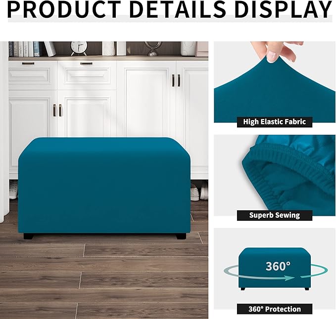 Easy-Going 100% Dual Waterproof Stretch Ottoman Cover Rectangle Folding Storage Stool Furniture Protector Soft Slipcover for Living Room with Elastic Bottom (X Large, Peacock Blue)