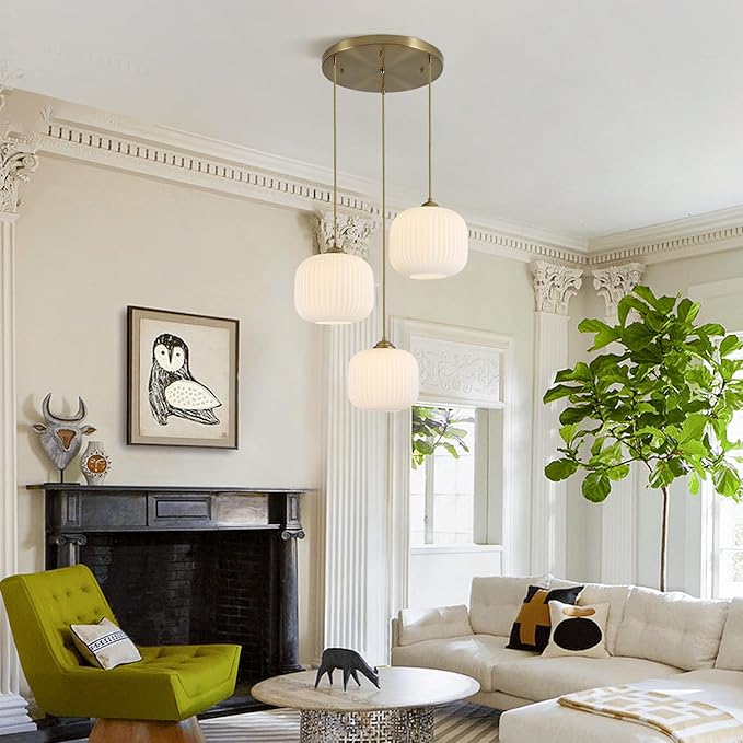 KCO Lighting Large 3 Light Cluster Chandelier Gold Globe Pendant Lights Kitchen Island White Ribbed Glass Ceiling Pendant Light Antique Brass Chandeliers for Dining Room