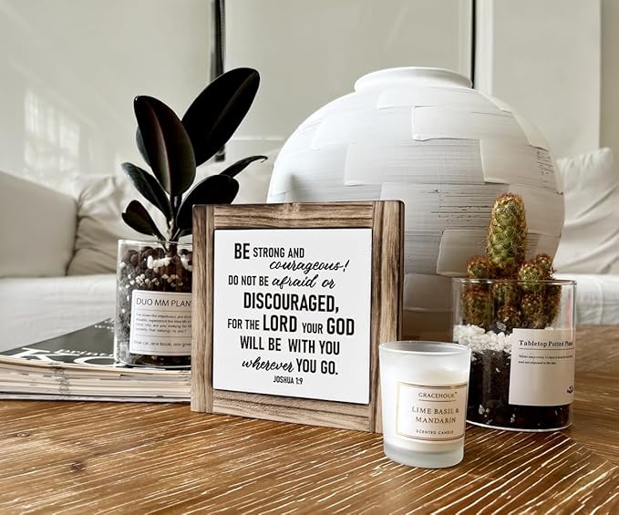 Christian Sign, Box Wood Plaques Desk Décor, Positive Home Sign, Kids Room Decor, Office Decor, Bible Verse and Encouragement Spiritual Gifts, Be Strong and Courageous Sign - Joshua 1:9