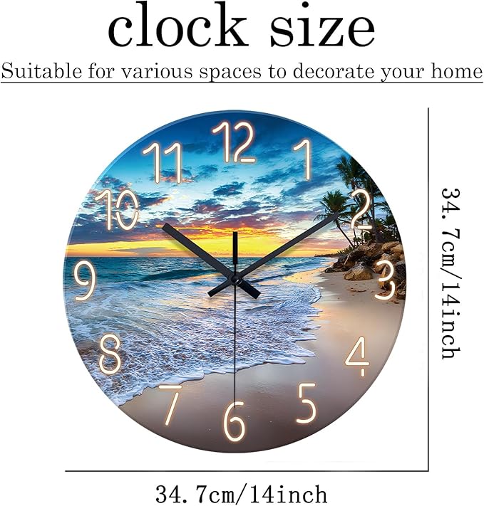 Beach Clocks Wall Decor Glass Modern Coastal Wall Clock Silent Non Ticking Blue Ocean Wall Clock Battery Operated 14 Inch
