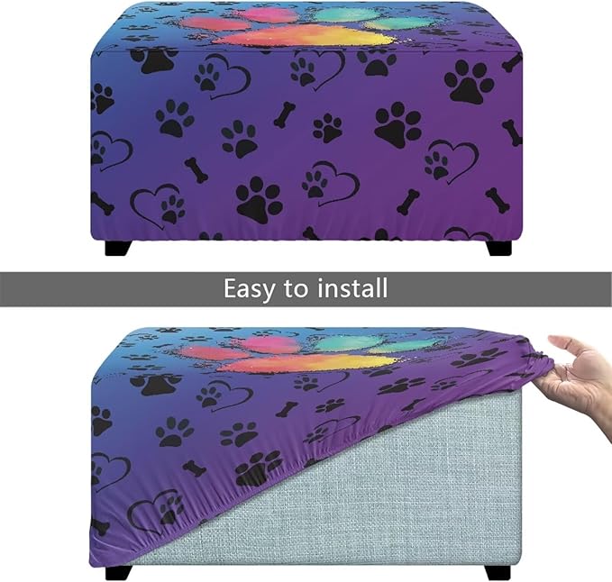 Soft Stretch Ottoman Slipcover Colorful Paws Washable Rectangle Footrest Stool Cover Anti Scratch Furniture Protector with Nonslip Elastic Bottom for Most Footstools Size L