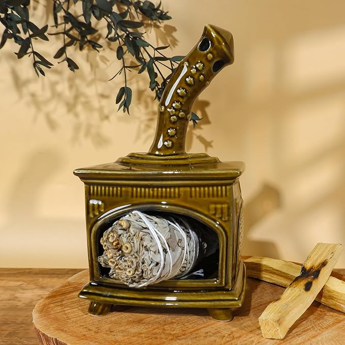 Handcrafted Dark Green Ceramic Palo Santo Holder & Incense Burner - Compact Meditation Accessory for Burning of Palo Santo Sticks & Cones - Zen-Inspired Home Decor Gift for Energy Cleansing