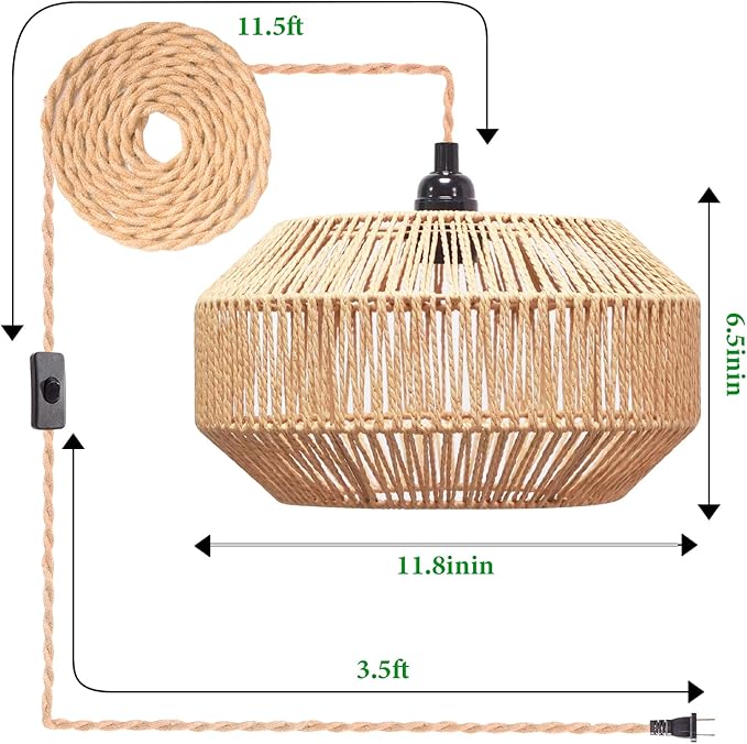 Hanging Lamp Plug in Pendant Light Rattan Hanging Lights with Plug in Cord Hanging lamp Hanging Lights with Plug in Cord Hanging lamp for Living roon