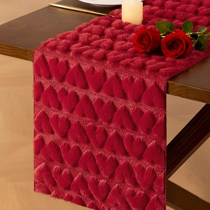 Socomi Red Heart Valentine's Day Romantic Plush Fluffy Faux Fur Jacquard Table Runner for Holiday Kitchen Dining Table Decoration Home Party Decor 13x72 Inch