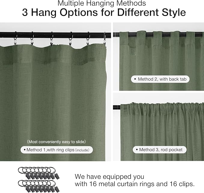 Anmao Natural Linen Curtains for Living Room 80 Inch Length 2 Panels Set, Light Filtering Semi Sheer Window Curtain Drapes for Bedroom with Curtain Rings and Clips, 52Wx80L, Olive Green