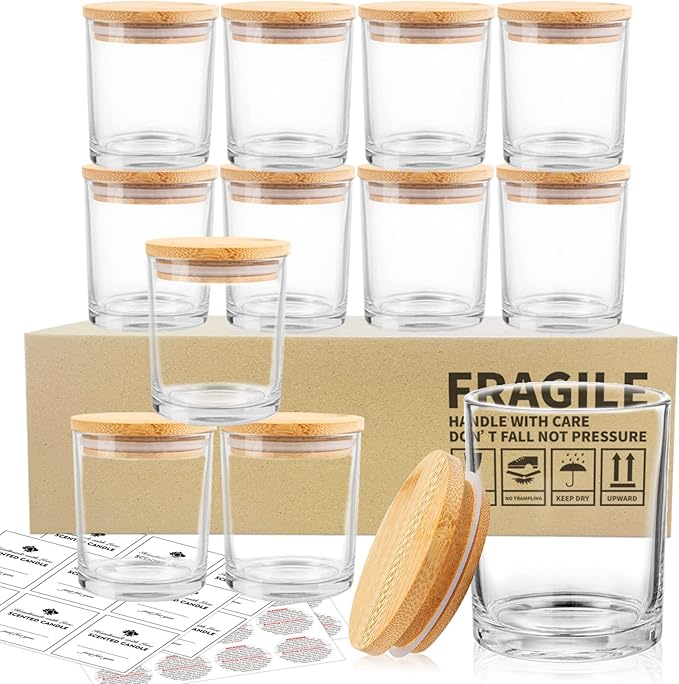 SUPMIND 12 Pack Glass Candle Jars-10oz Clear Empty Candle Jars with Bamboo Lids and Sticky Labels, Bulk Candle Jars for Making Candles Containers - Dishwasher Safe