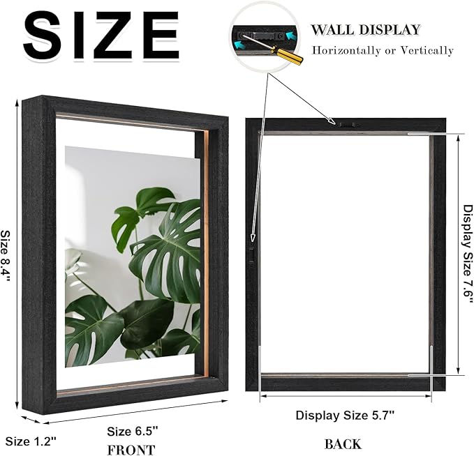 Egofine 6x8 Floating Frames Set of 2, Double Plexiglass Picture Frame, Made of Solid Wood Display Any Size Photo up to 6x8, Wall Mount or Tabletop Standing, Rustic Black