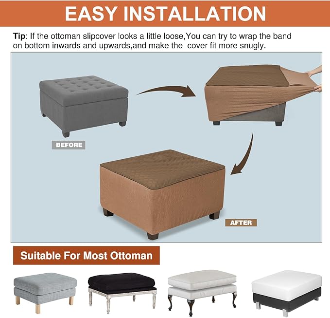 NeColorLife Ottoman Cover Square Waterproof Ottoman Slipcover Thick Storage Footrest Stool Covers Furniture Protector for Pets,Kids (Small Size,Brown)