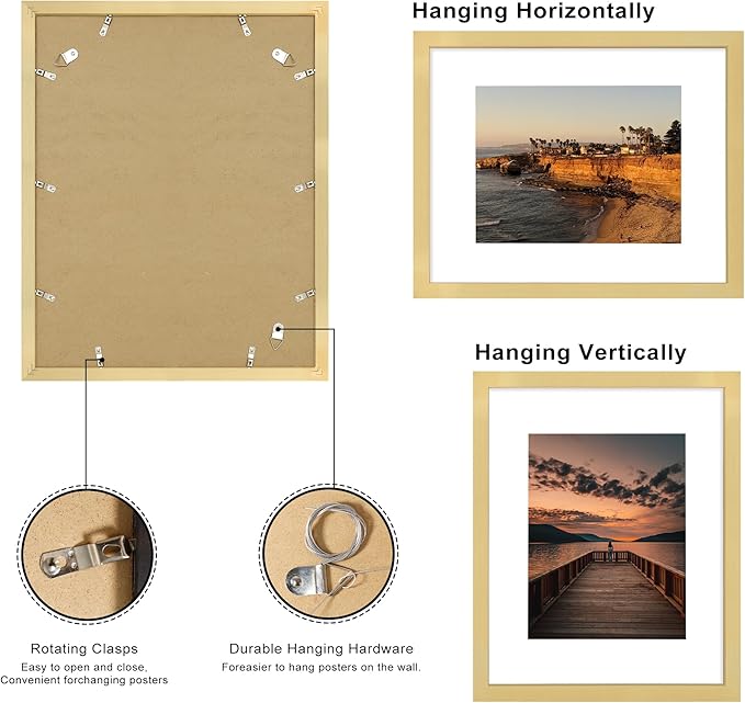 16x20 Poster Frame Set of 2, 16 x 20 Wood Picture Frames with Mat for 11x14, Wooden Photo Frame with Tempered Glass Cover for Wall Mounting Display, Gold