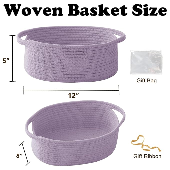 Small Woven Rope Basket-Empty Gifts Basket with Bag and Ribbons,Cute Handle Organizer Box for Birthday/Baby Shower, Toy Storage, Nursery Organizing & Shelf Decor(Purple)