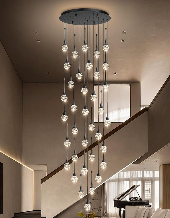 36 Light Modern Glam Crystal Chandelier for High Ceiling LED Dimmable Ceiling Pendant Light Staircase Foyer Enterway Living Room Chandelier Lighting Antique Black
