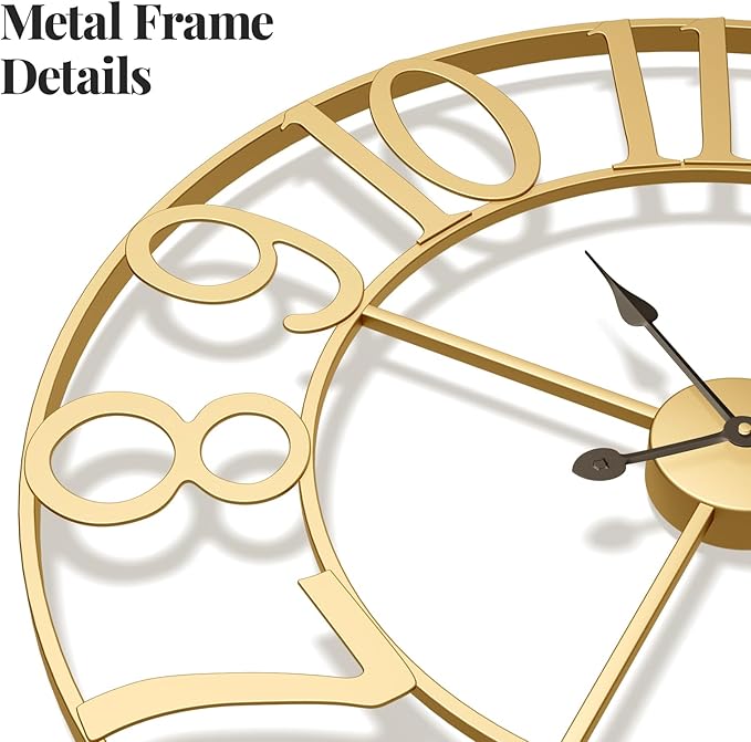 Extra Large Wall Clock 36 Inch Gold Wall Clock Battery Operated, Decorative Gold Clocks Silent Non Ticking for Living Room Kitchen Mantel Decor, Metal Round Modern Clock Arabic Numerals