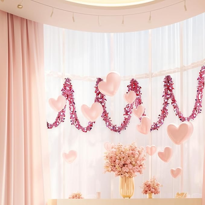 Valentines Garland Decor,50Ft Glitter Tinsel Heart Garland Decorations for Tree Mantle Bedroom Office Classroom Party Indoor Outdoor Holiday Home Pink Red White