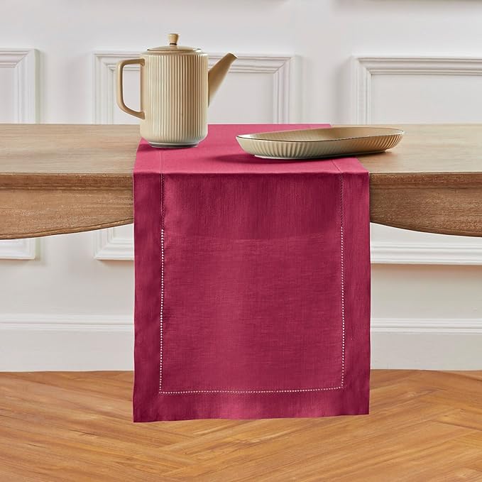 Solino Home Linen Beet Table Runner 72 Inches Long - 100% Pure Linen Hemstitch Table Runner 14 x 72 Inch for Dresser, Dining, Winter, Easter, Valentines - Classic Hemstitch