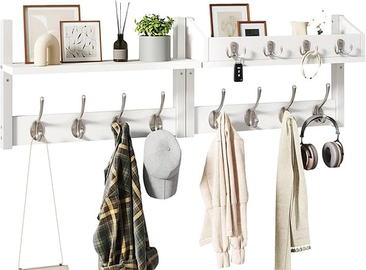YMYNY 31.5" Coat Rack Wall Mount with Shelf, 4 in 1 Key and Coat Hanger with 12 Metal Hooks, Wall Shelf with Hooks & Mail Holder for Living Room, Bedroom, White, HWS007W-2