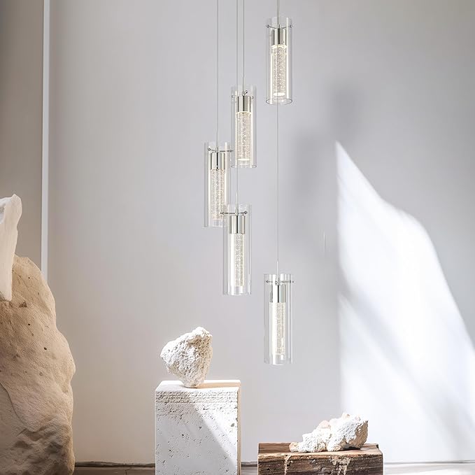 Alice 5-Light Chandelier Pendant Ceiling Light, Integrated Led and Bubble Glass, for Kitchen Island, Hallway, Entryway, Passway, Dining Room, Bedroom, Balcony Living Room
