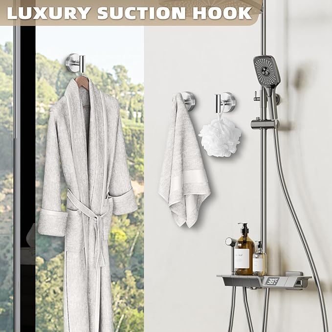 Suction Cup Hooks for Shower - Bathroom Reusable Hooks for Towels, Robes & Loofah - No-Drill Mounting on Kitchen,Walls,Metal,Glass,Mirrors,Tile & Smooth Non-Porous Surfaces (4, Brushed Nickel)