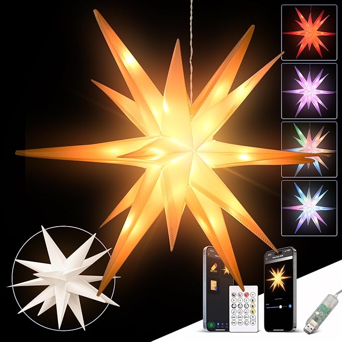 17" Lighted Moravian Star, Moravian Star Tree Topper, Foldable Christmas Topper Star with USB-A Port, DIY Colour Changing with Smart App, Music Sync, Timer, Christmas Hanging Lighted Stars