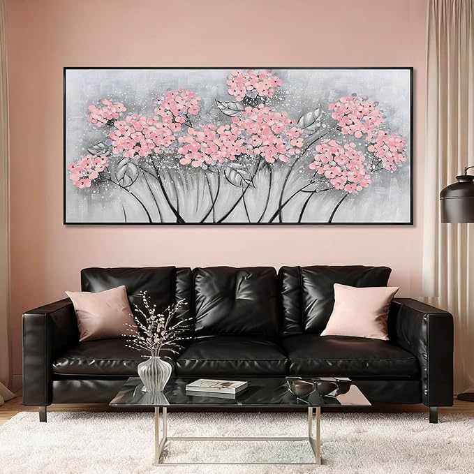 SOUGUAN Flower Wall Art Pink Wood Wall Decor Botanical Oil Painting 32"x70" Large Artwork for Bedroom Canvas Paintings for Office