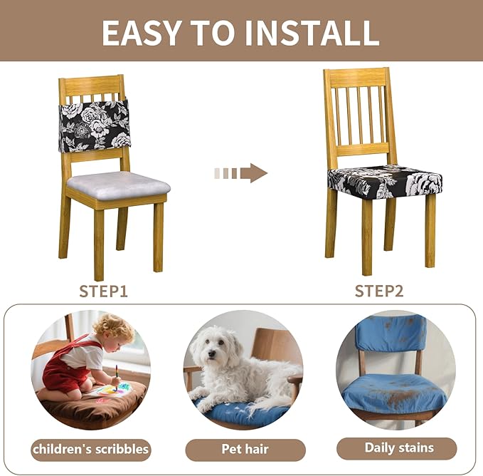 Stretch Dining Chair Seat Covers Set of 4,Dining Chair Slipcovers, Floral Printed Chair Covers,Soft Fabric Washable Upholstered Chair Seat Protector, No Rear Covers for Home Kitchen Dining Room
