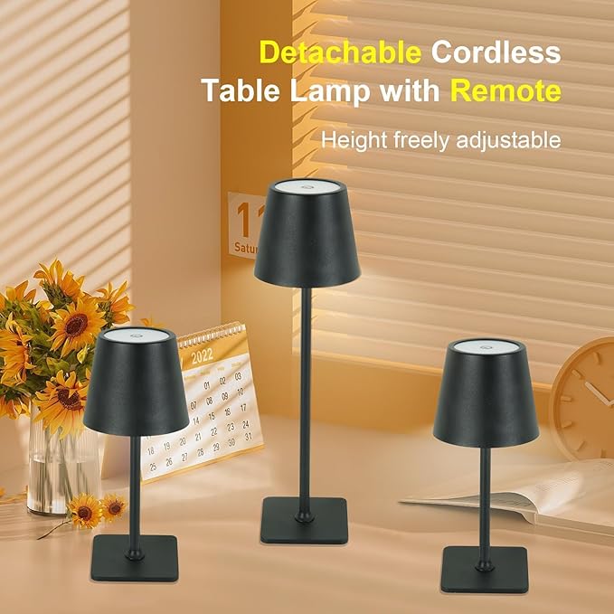 Cordless Table Lamp with Timer 2 Pack, Czgor Rechargeable 5200mAh Battery Operated Lamp with Remote, Adjustable Heights, 3-Color Stepless Dimming, Small LED Table Lamp for Bedroom Dining Office(Black)