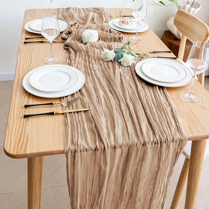 Wokceer Cheesecloth Table Runner Thanksgiving 3Pack 10FT Nude Brown Boho Gauze Cheese Cloth Table Runner Christmas for Party Rustic Sheer Runners for Baby Bridal Shower Wedding Table