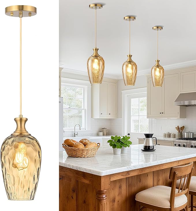 Glass Pendant Lights Kitchen Island, 1-Light Gold Pendant Light Fixtures with Hammered Amber Glass, Vintage Hanging Light for Kitchen Sink Dining Room Bedroom, E26
