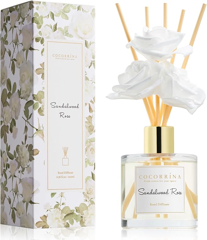 Cocorrína Reed Diffuser Set,6.7oz (200ml) Sandalwood Rose Scented Diffuser with 3 White Rose Foam Flowers & Cotton Sticks, Home Fragrance Reed Diffuser for Bathroom Shelf Decor