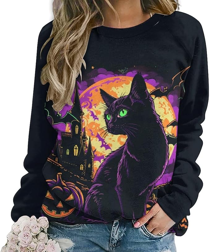 Halloween Sweatshirts for Women Funny and Spooky Print Crewneck Oversized Pullover Outdoor Lounge Fashion Sweater
