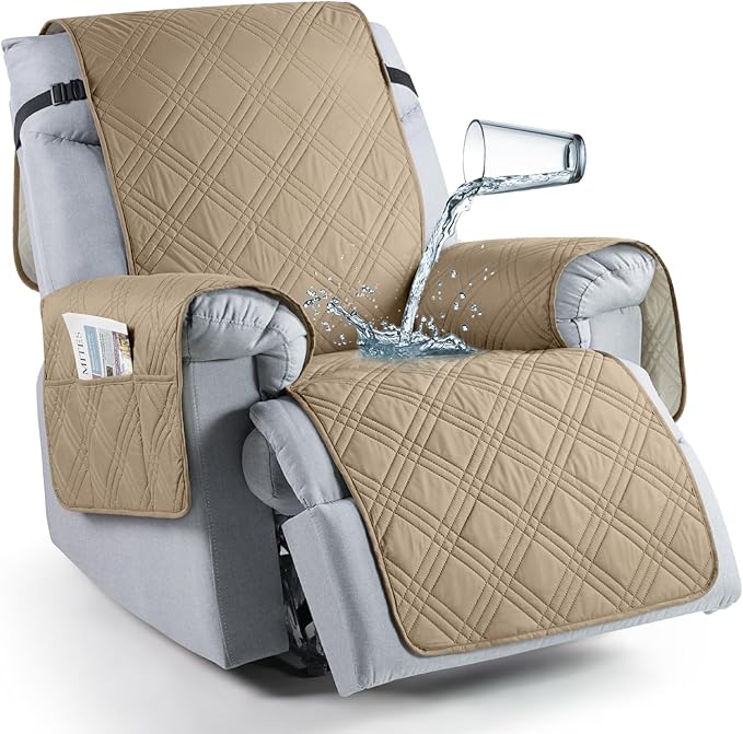 TAOCOCO Waterproof Recliner Chair Covers 30 Inch Wide, Oversized Recliner Covers for Recliner Chair with Pocket, Recliner Slipcovers with Straps Furniture Protector for Kids Pets (30'', Camel)