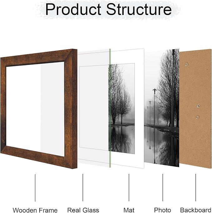 iRahmen 10x10 Picture Frame Set of 4 with Real Glass, Rustic Frames Display 8x8 Picture with Mat or 10 x 10 Without Mat, Wooden Square Photo Frame for Wall Mount and Tabletop Display