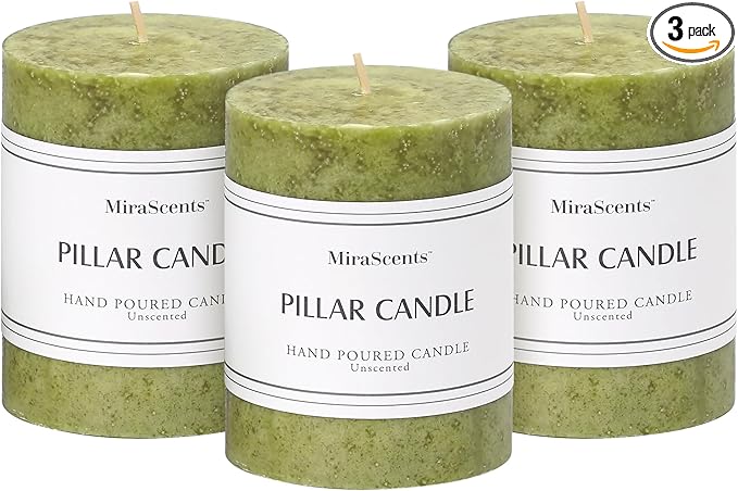 3x4 inch Green Pillar Candles Set of 3, Unscented Pillar Candle, Dripless and Smokeless Large Candles, Candle for Home Decor, Dinner Table,Weddings, Holidays