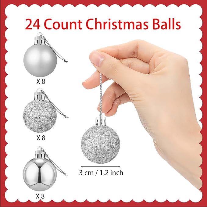 24 Count Small Silver Ornaments for Mini Christmas Tree, Small Shatterproof Christmas Tree Ornaments Balls Party Decorations, 1.2 Inch