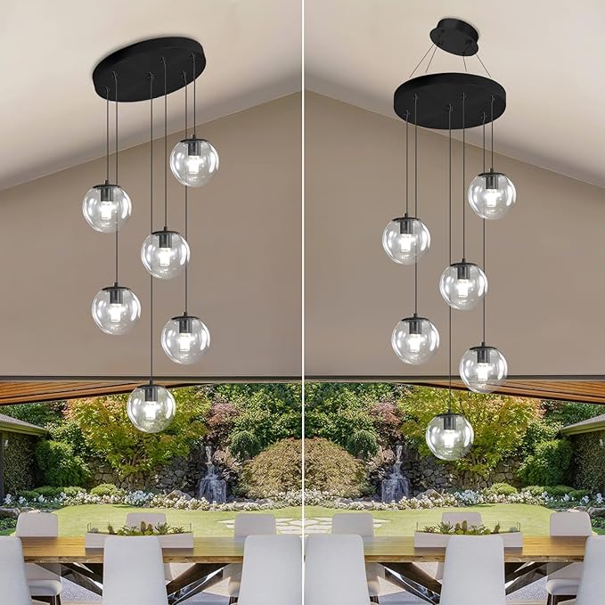 6-Light LED Staircase Modern Glass Globe Pendant Light Large Chandeliers for High Ceilings, Entryway Lighting Fixture Villas and Stairs